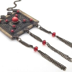 Bohemian Square Pendant Necklace Brass Tone with Red Beads & Tassel‎ Chains